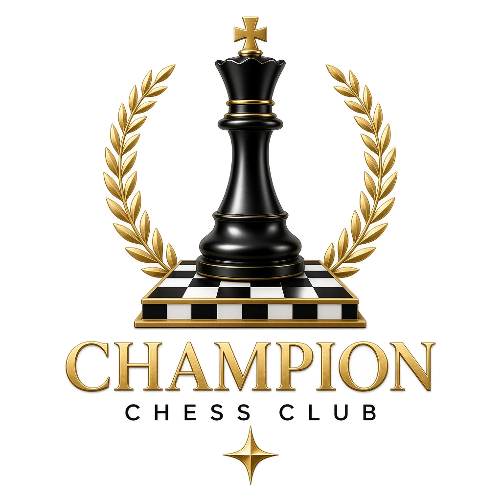 Champion Chess Club logo: black king, gold laurel wreath, and chessboard